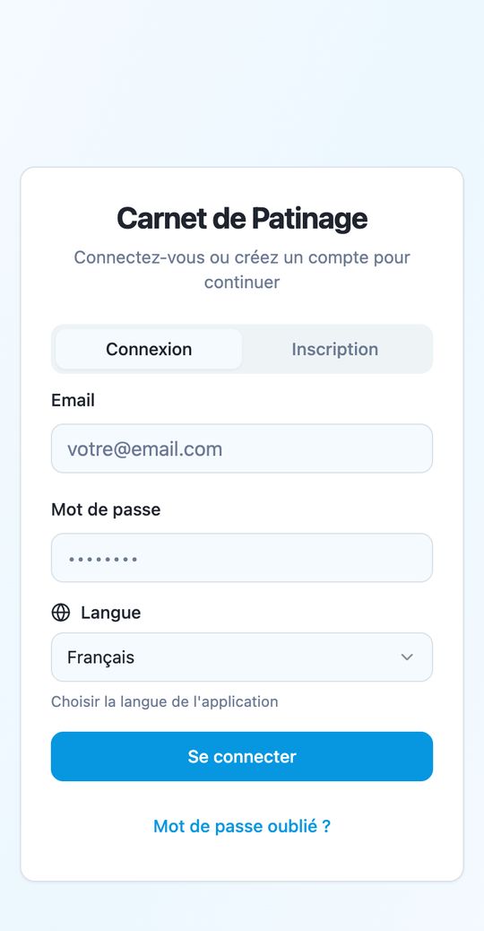 Écran de connexion de l'application Carnet de Patinage sur téléphone