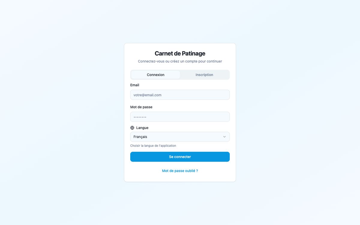 Écran de connexion de l'application app.carnet-patinage.fr sur ordinateur, avec le choix de la langue