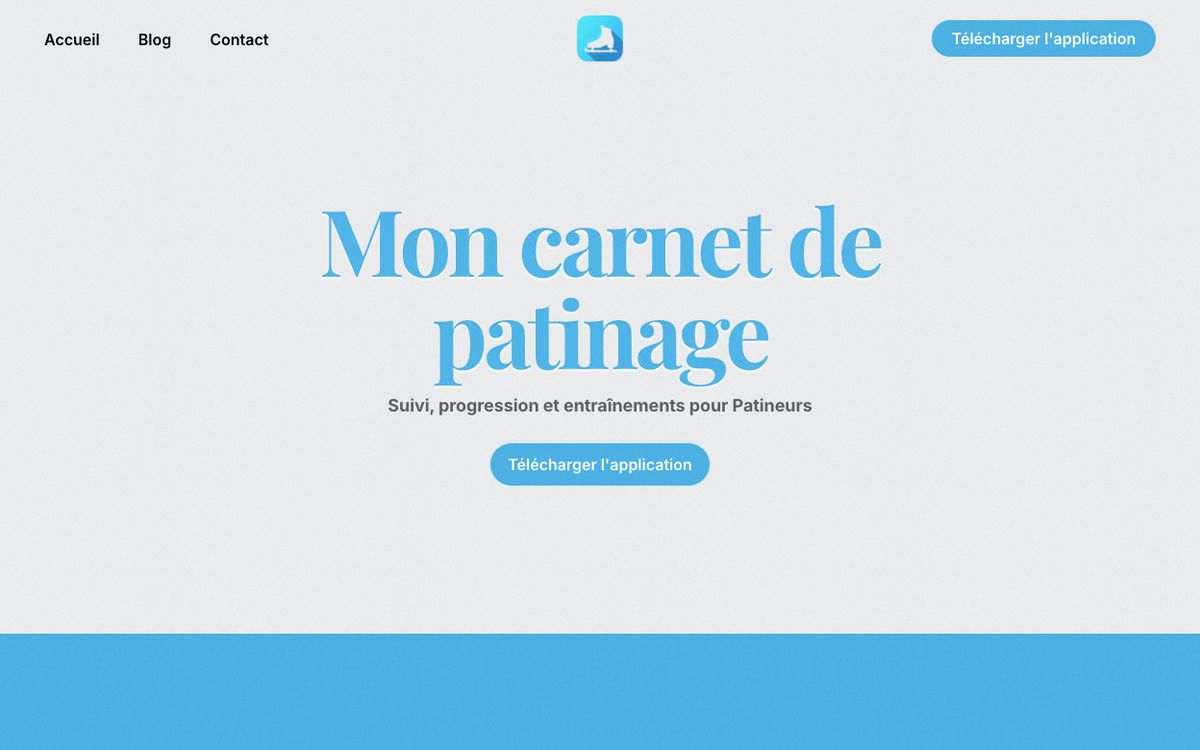 Page d'accueil du site carnet-patinage.fr : titre « Mon carnet de patinage » et bouton « Télécharger l'application »