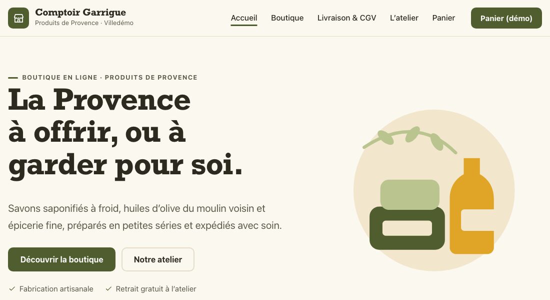 Page d'accueil du site de démonstration Comptoir Garrigue