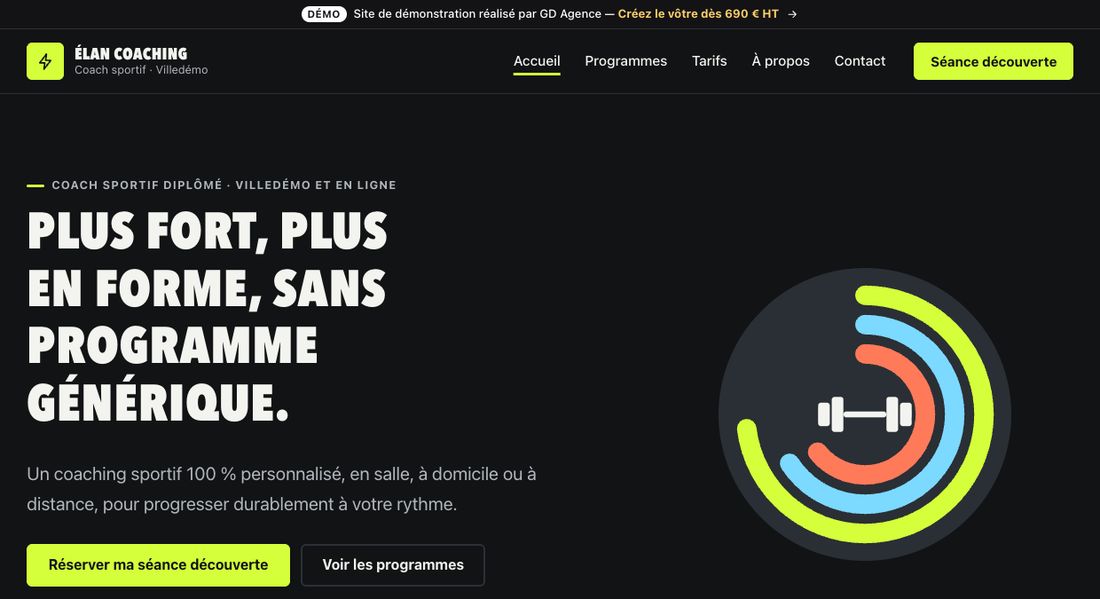 Page d'accueil du site de démonstration Élan Coaching : titre « Plus fort, plus en forme, sans programme générique »