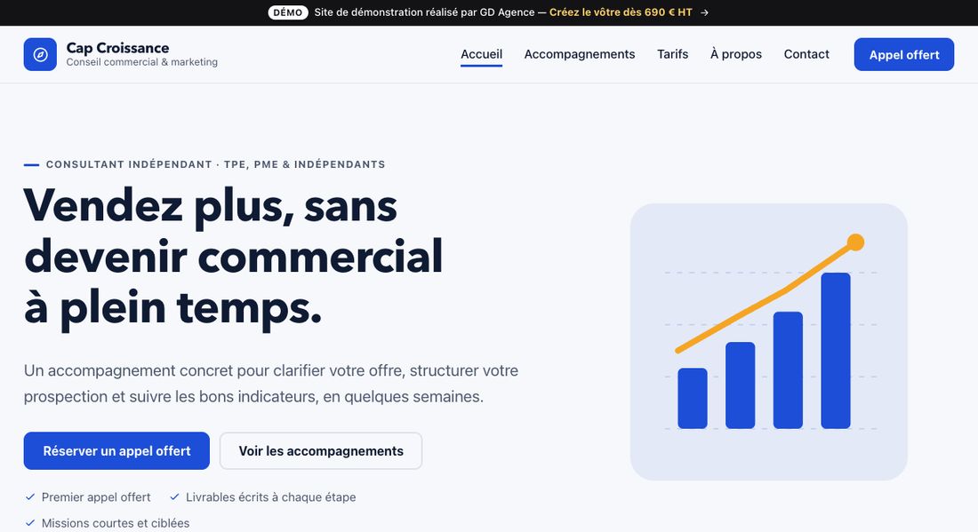 Page d'accueil du site de démonstration Cap Croissance : titre « Vendez plus, sans devenir commercial à plein temps »