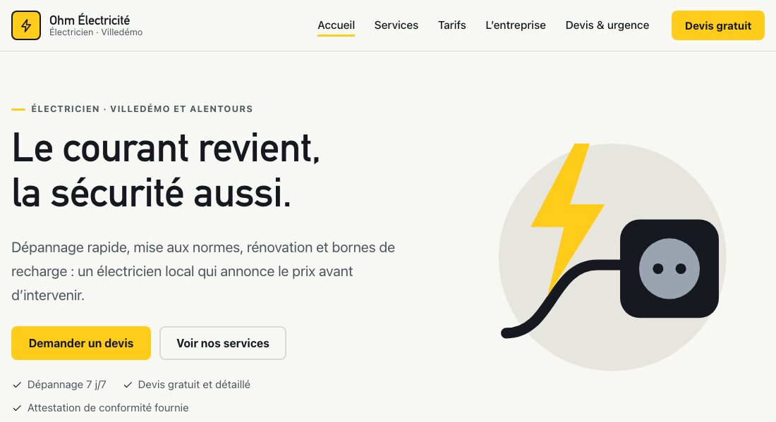 Page d'accueil du site de démonstration Ohm Électricité