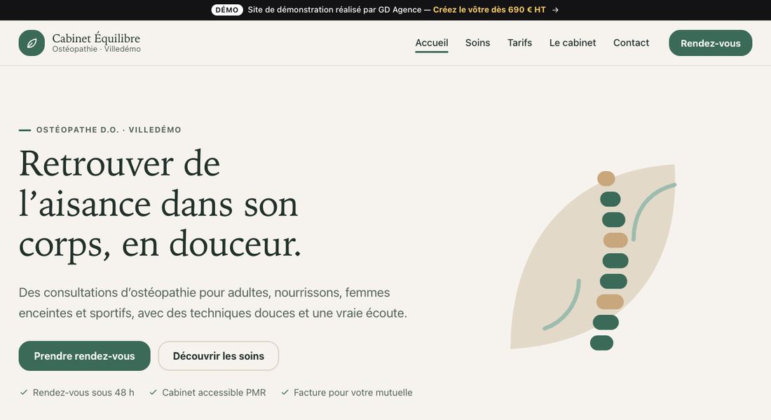Page d'accueil du site de démonstration Cabinet Équilibre : titre « Retrouver de l'aisance dans son corps, en douceur »