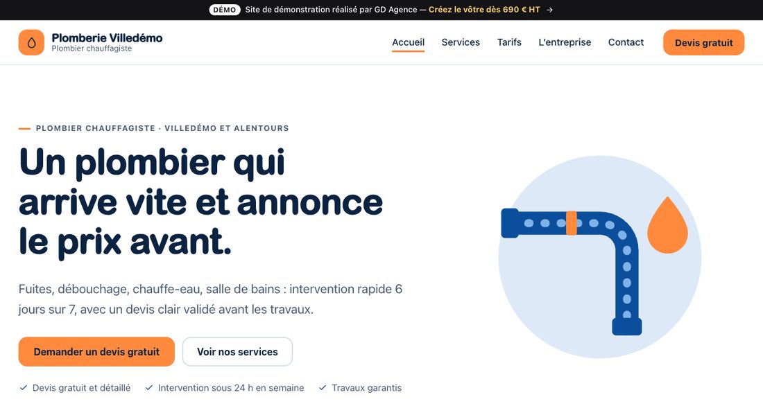 Page d'accueil du site de démonstration Plomberie Villedémo : titre « Un plombier qui arrive vite et annonce le prix avant »