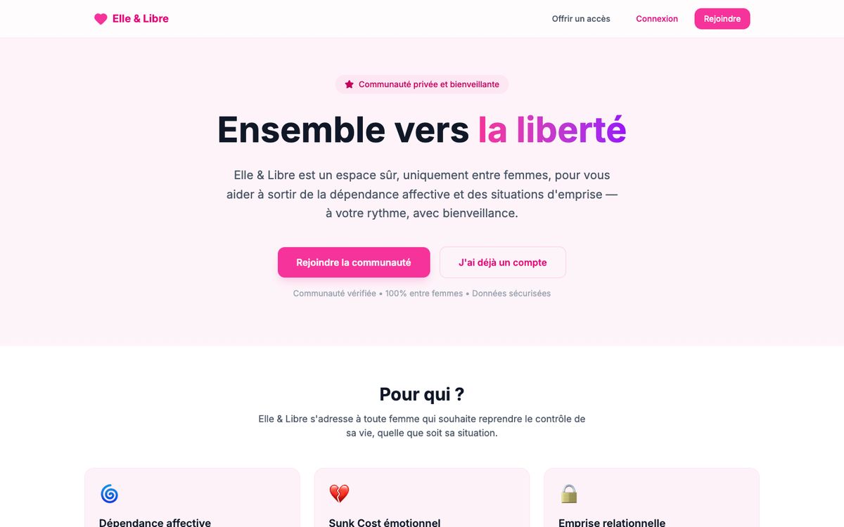 Page d'accueil publique d'Elle & Libre : titre « Ensemble vers la liberté » et bouton « Rejoindre la communauté »