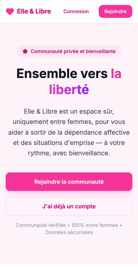 Page d'accueil publique d'Elle & Libre sur téléphone, avec les boutons « Rejoindre la communauté » et « J'ai déjà un compte »