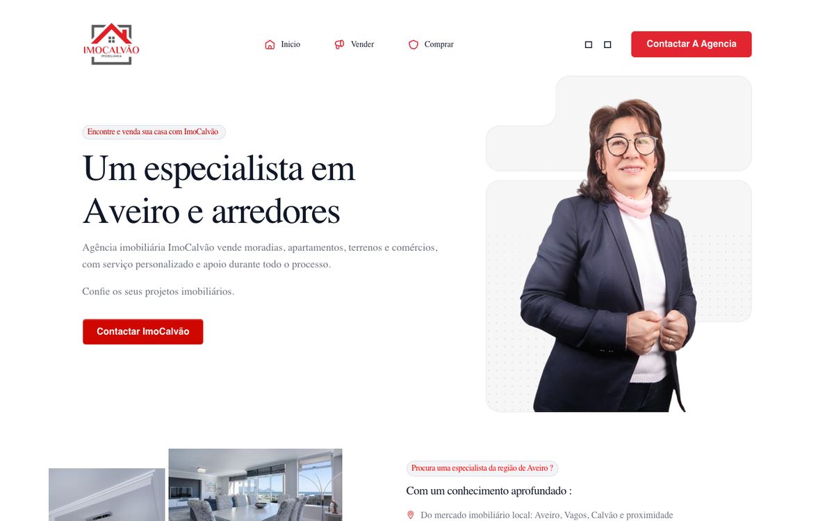 Page d'accueil du site imocalvao.com sur ordinateur : titre « Um especialista em Aveiro e arredores » et bouton de contact