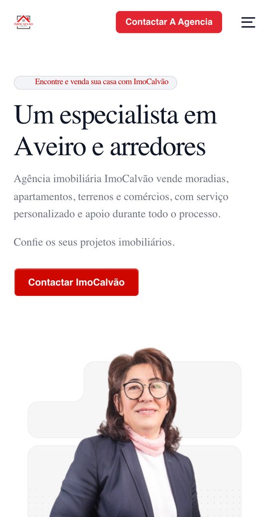 Page d'accueil du site imocalvao.com sur téléphone, avec le bouton « Contactar ImoCalvão »