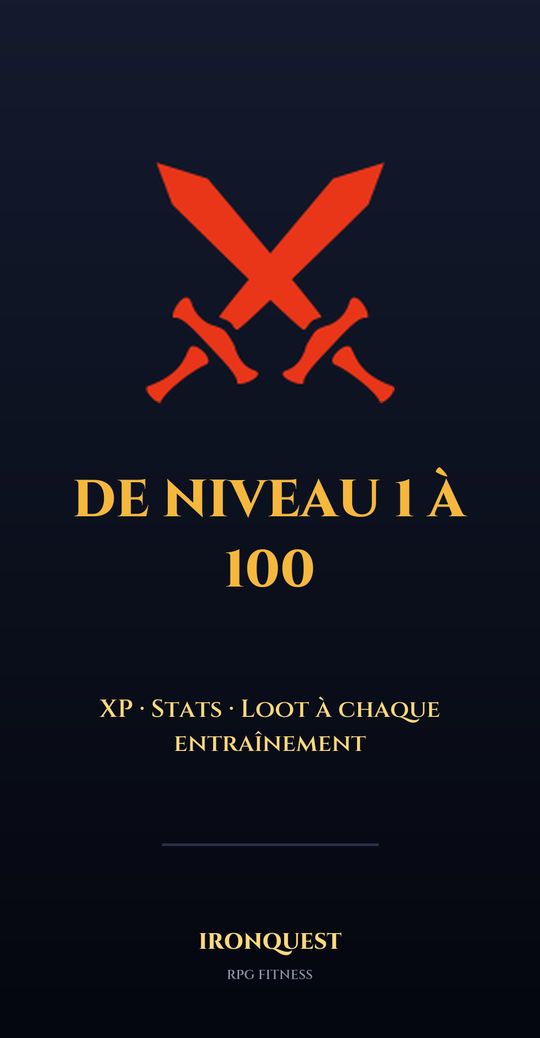 Visuel de présentation d'IronQuest au format téléphone : « XP, stats et loot à chaque entraînement »