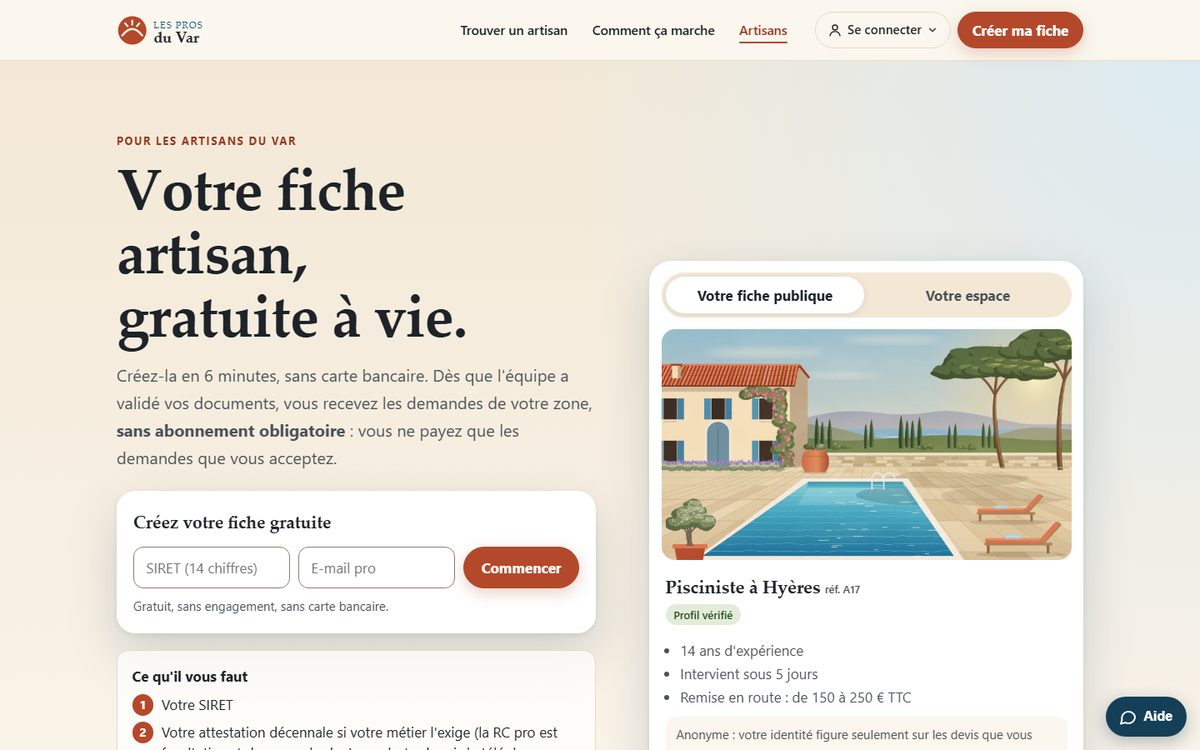 Page « Vous êtes artisan ? » du site lesprosduvar.fr : titre « Votre fiche artisan, gratuite à vie » et formulaire de création de fiche