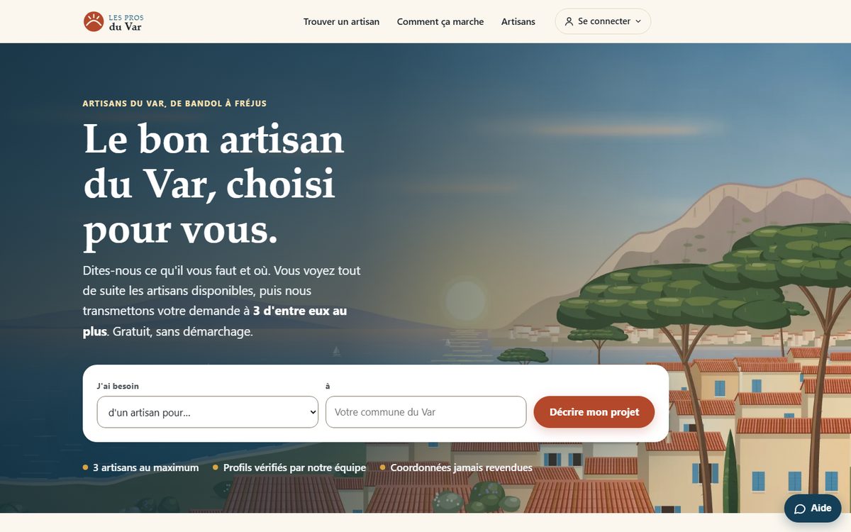 Page d'accueil du site lesprosduvar.fr sur ordinateur : titre « Le bon artisan du Var, choisi pour vous » et formulaire de recherche d'artisan