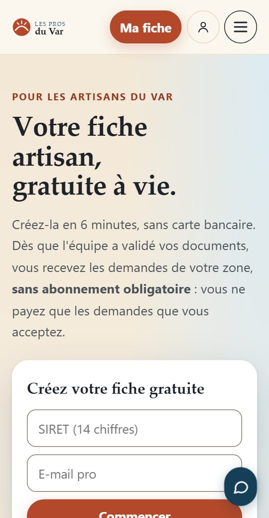 Page artisan de lesprosduvar.fr sur téléphone, avec le formulaire de création de fiche