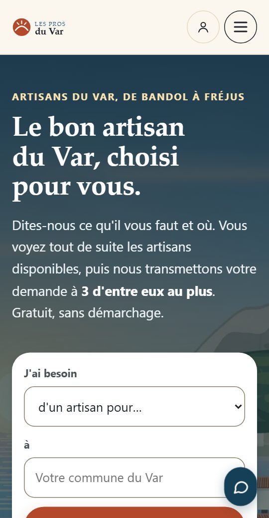 Page d'accueil de lesprosduvar.fr sur téléphone : titre « Le bon artisan du Var, choisi pour vous » et formulaire de recherche