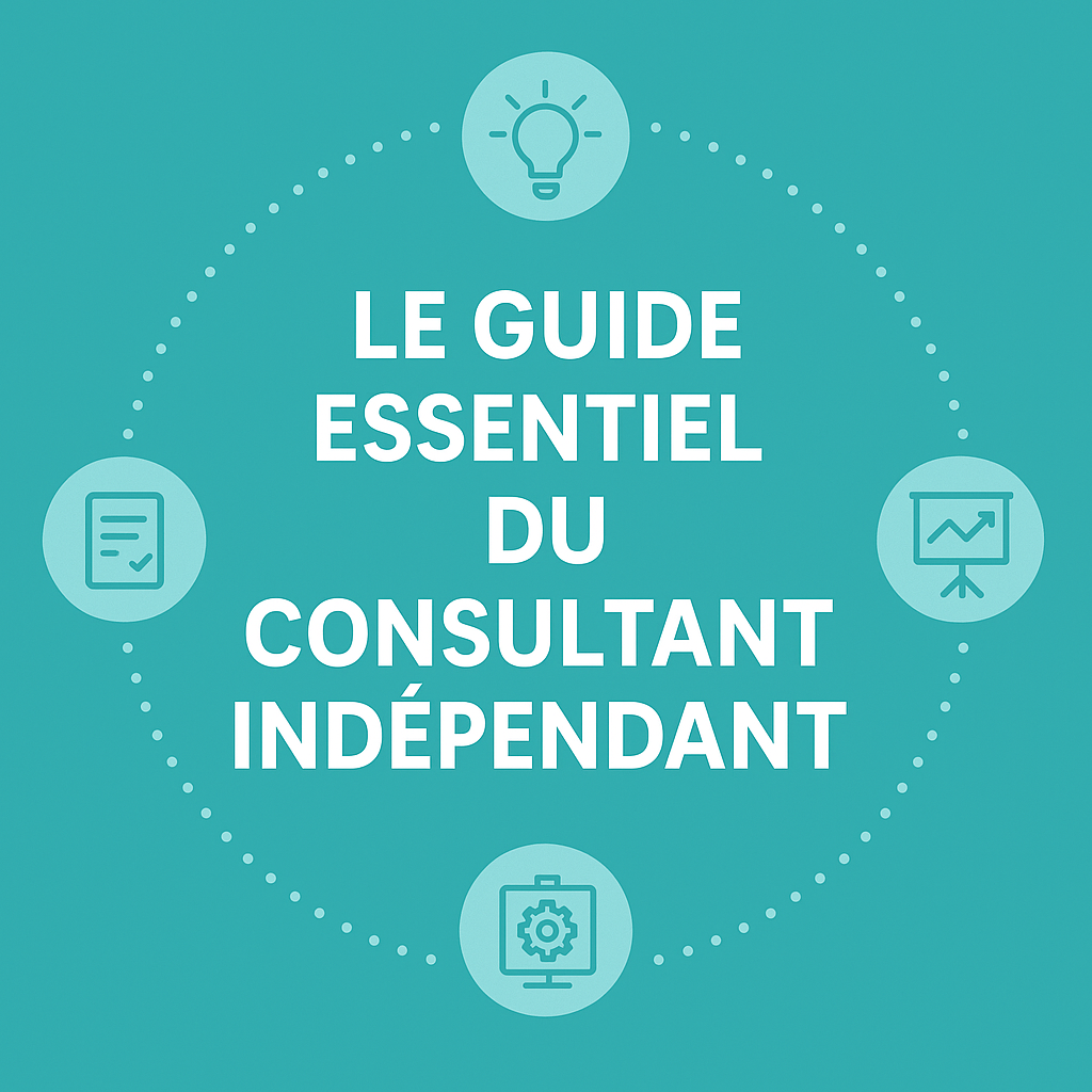 Visuel graphique moderne avec le titre "Le Guide Essentiel du Consultant Indépendant" entouré d’icônes représentant des idées, des outils, des méthodes et des bonnes pratiques.