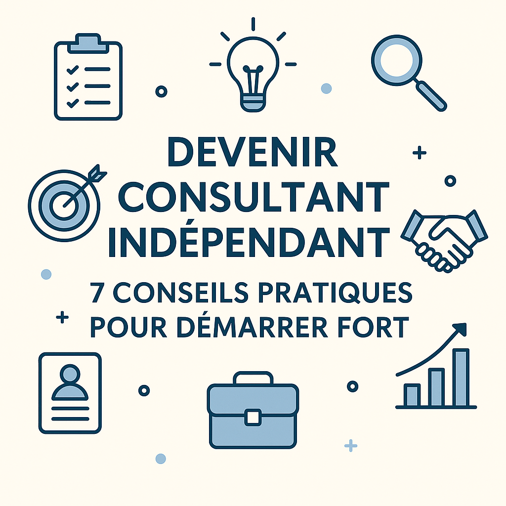 Infographie moderne avec le titre « Devenir Consultant Indépendant : 7 Conseils Pratiques pour Démarrer Fort » entouré d’icônes représentant la stratégie, le networking, la planification et la croissance.